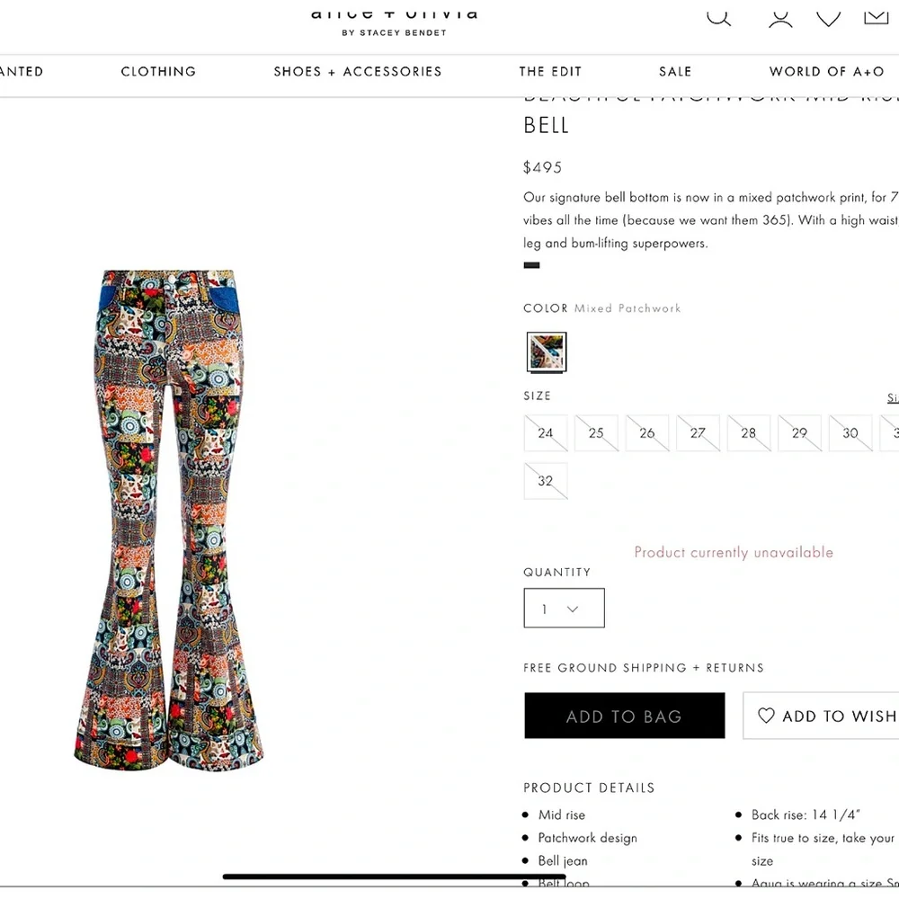 Alice + Olivia Beautiful Patchwork Mid Rise Denim Floral Flared Bell Jeans - Picture 4 of 17